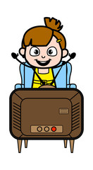 Watching TV and Enjoying - Cute Girl Cartoon Character Vector Illustration