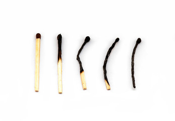 Five match isolated on white Background, set with Stages of Match burning