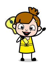 Holding a Guitar and Waving Hand - Cute Girl Cartoon Character Vector Illustration