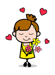 Presenting Bunch of Flowers - Cute Girl Cartoon Character Vector Illustration