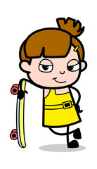 Standing with Skateboard - Cute Girl Cartoon Character Vector Illustration