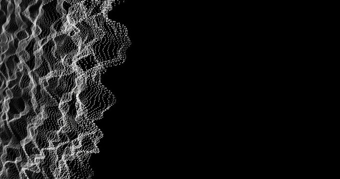 Particular system ordered in a digital sea plane of in-line spheres that simulate a data flow in motion. Digital waves in a sea of white spheres on black background. Data integrity simulation abstract