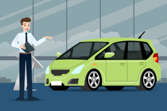 A happy businessman, salesman is standing and present  his luxury car that parked in the show room.Vector illustration design.