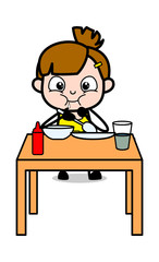 Eating Food - Cute Girl Cartoon Character Vector Illustration