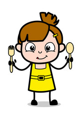 Showing Spoons Variety - Cute Girl Cartoon Character Vector Illustration