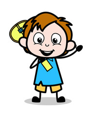 Holding a Guitar and Waving Hand - School Boy Cartoon Character Vector Illustration