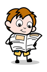 Reading News - School Boy Cartoon Character Vector Illustration