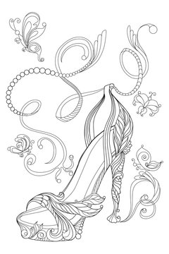 Shoe witch butterflies. Coloring books for adults. Standard picture for a t-shirt or tattoo. 