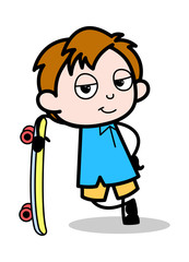 Standing in Attitude with Skateboard - School Boy Cartoon Character Vector Illustration