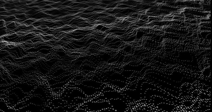 Particular system ordered in a digital sea plane of in-line spheres that simulate a data flow in motion. Digital waves in a sea of white spheres on black background. Data integrity simulation abstract