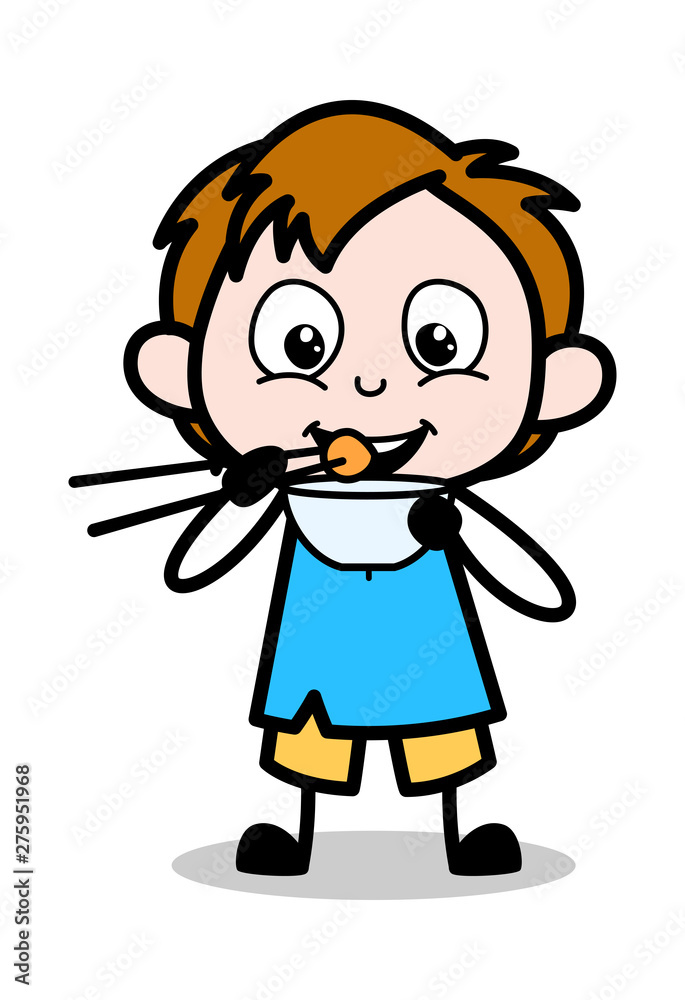 Wall mural Kid Eating Food with Chopsticks - School Boy Cartoon Character Vector Illustration - Wall murals
