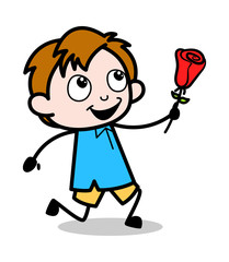 Presenting Rose - School Boy Cartoon Character Vector Illustration