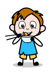 Kid Eating Food with Chopsticks - School Boy Cartoon Character Vector Illustration