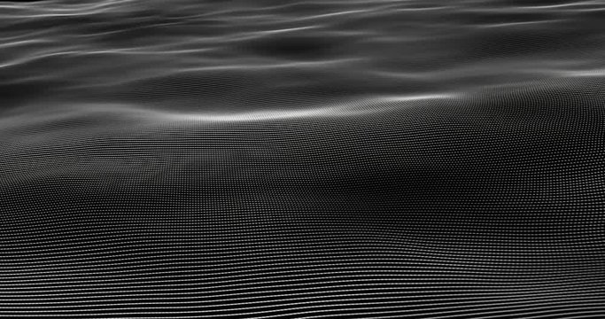 Particle system ordered in a digital sea plane of in-line spheres that simulate a data flow in motion. Digital waves in a sea of white dots on a black background. Particular system with ripples glows