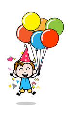Fototapeta na wymiar Holding Bunch of Balloons and Celebrating Birthday - School Boy Cartoon Character Vector Illustration