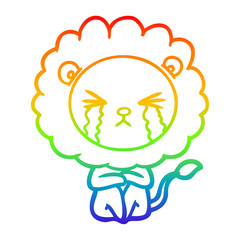 rainbow gradient line drawing cartoon crying lion sitting huddled up
