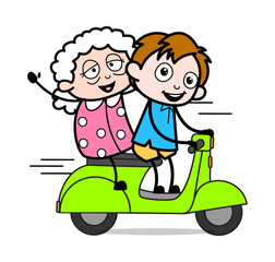 Riding Scooter with a Old Lady - School Boy Cartoon Character Vector Illustration