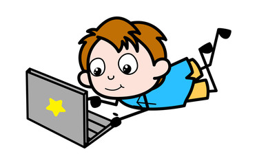 Kid Working on Laptop - School Boy Cartoon Character Vector Illustration