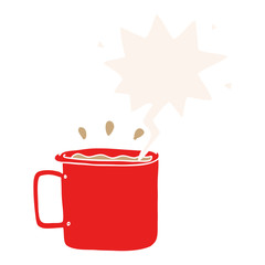cartoon camping cup of coffee and speech bubble in retro style