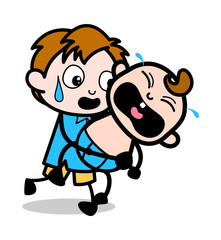 Holding a Crying Baby - School Boy Cartoon Character Vector Illustration