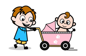 Strolling Baby with Baby Stroller - School Boy Cartoon Character Vector Illustration