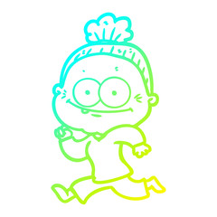 cold gradient line drawing cartoon happy old woman