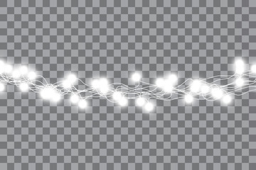 Set of white garlands, festive decorations. Glowing christmas lights isolated on transparent background. Vector seamless horizontal objects