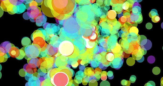 spheres and colored circles on a black background. Interactive data visualization with colored and brilliant points. video for backdrop or example of data display. Drop o multicolored lights