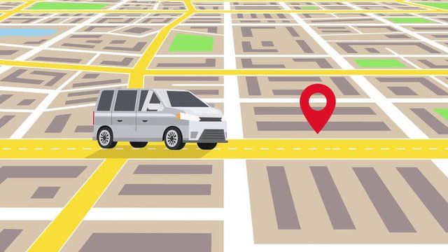 Cartoon White Minibus Car Ride Through the City Map GPS navigation with Location Pin