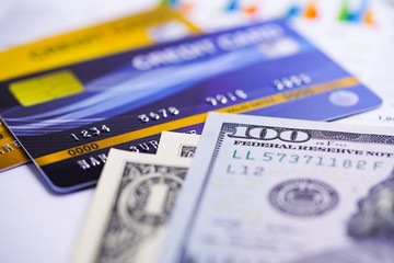 US dollar banknotes on credit card.