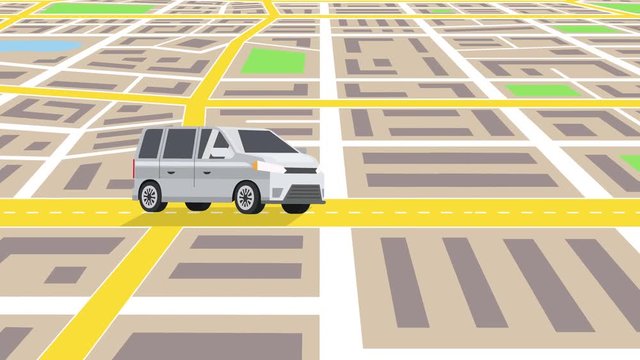 Cartoon White Minibus Car Ride Through the City Map  with Car Repair Shop Sign Concept Animation