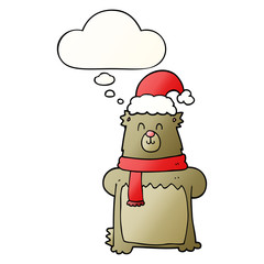 cartoon bear wearing christmas hat and thought bubble in smooth gradient style