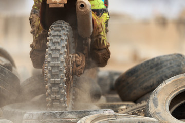 Action of enduro motorcycle, obstacle tires