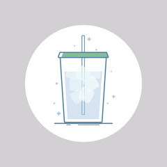 Vector icon of drink with ice cubes in a cup for take away. Isolated in circle. Flat design. Blue and green colors.