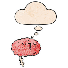 happy cartoon brain and thought bubble in grunge texture pattern style