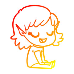 warm gradient line drawing happy cartoon elf girl sitting on floor