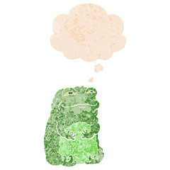 cartoon smug toad and thought bubble in retro textured style
