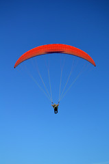 paraglider flying on the blue sky