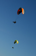 paraglider flight through the blue sky