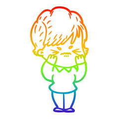 rainbow gradient line drawing cartoon frustrated woman