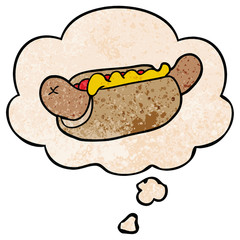cartoon hot dog and thought bubble in grunge texture pattern style