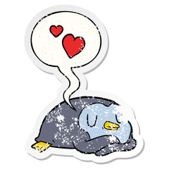 cartoon penguin and love hearts and speech bubble distressed sticker