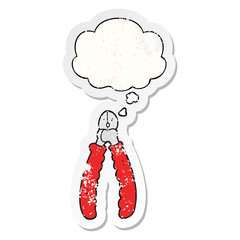 cartoon pliers and thought bubble as a distressed worn sticker