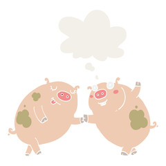 cartoon pigs dancing and thought bubble in retro style
