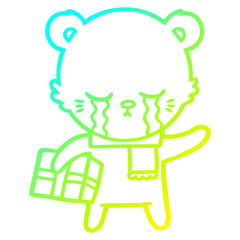 cold gradient line drawing crying cartoon bear with present