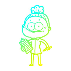 cold gradient line drawing cartoon happy old woman