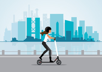 Woman rides electric scooter on city background