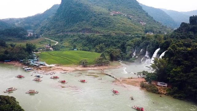 Ban Gioc Detian waterfall on the border between China and Vietnam aerial footage