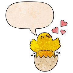 cute hatching chick cartoon and speech bubble in retro texture style