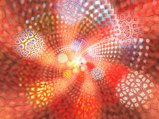 Red Abstract Background Image, Graphic Illustration Artistic Resource, Lines and Symmetrical Patterns of Light, Glowing Neon Colors. Modern Fractal Digital Art. Fractal Spiral Light Effects